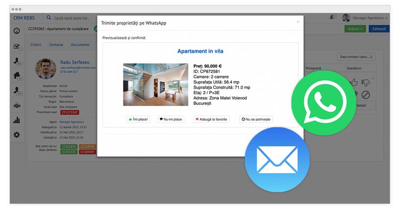 Trimiterea de proprietati propuse pe whatsapp si email